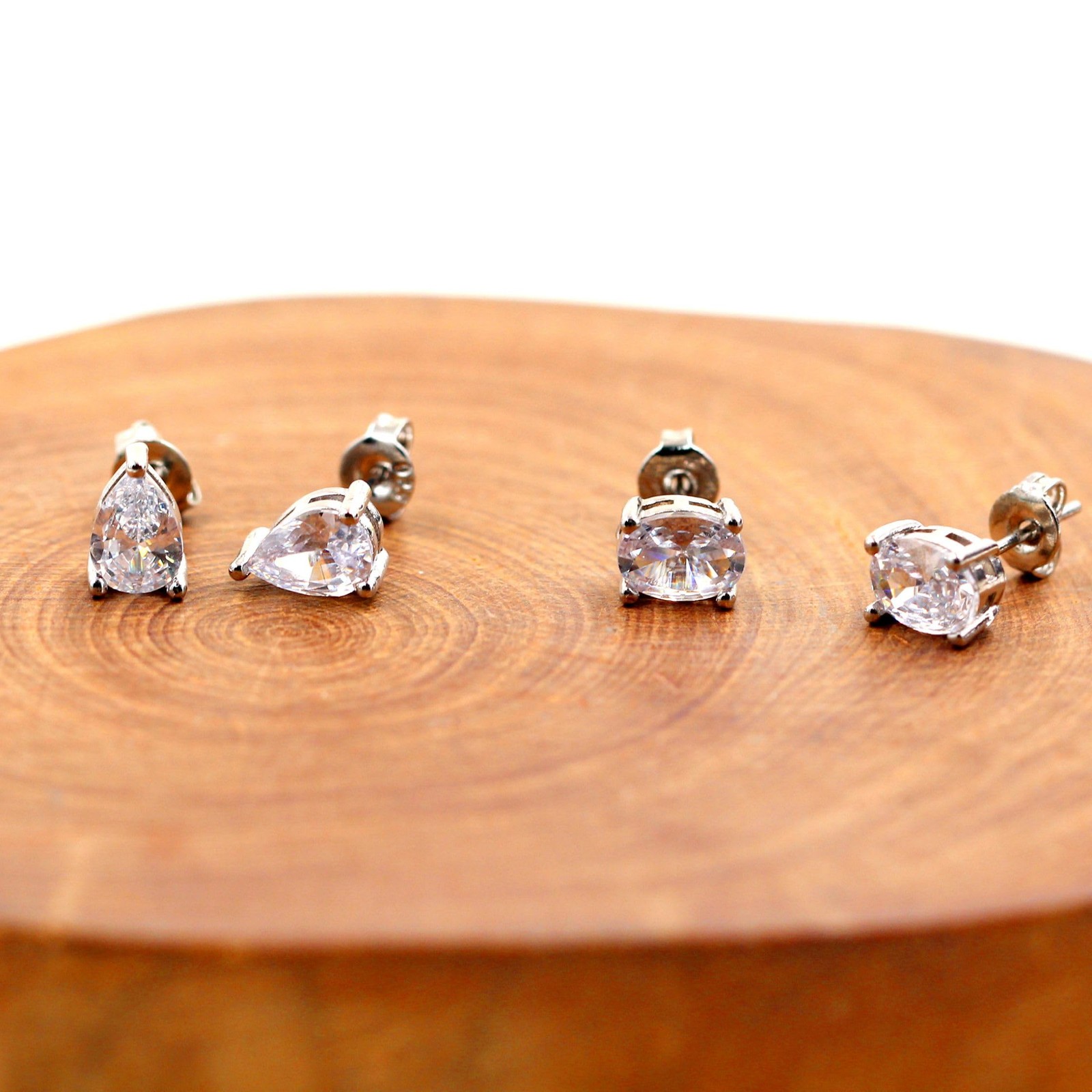 2 Pairs Earrings Tear Drop & Oval Ear Stud Platinum Plated Earrings Inlaid with