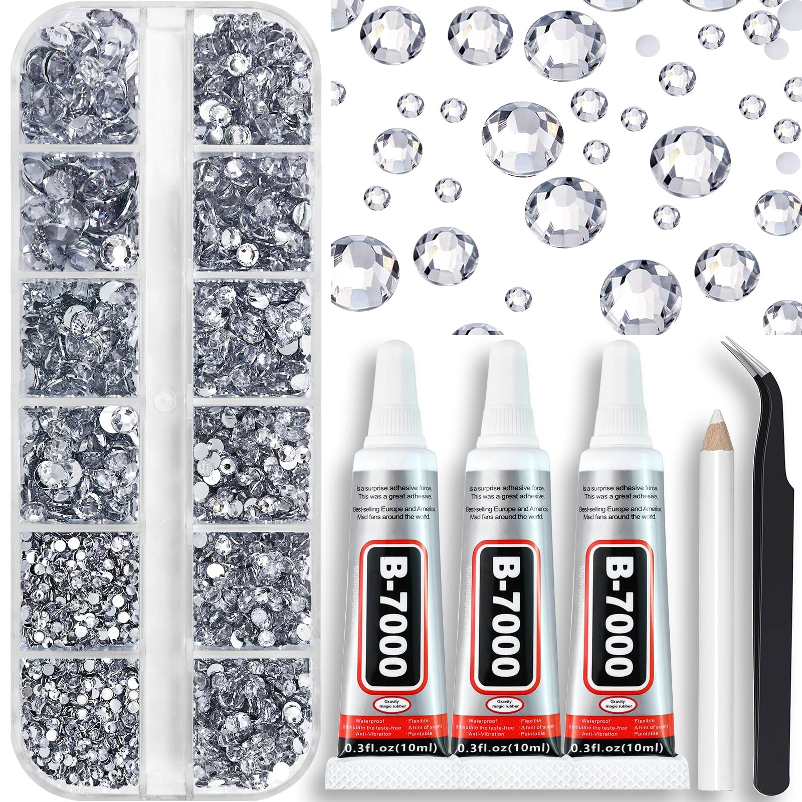B7000 Clear Glue with 4000PCS Silver Clear Rhinestones for Crafts Clothing Fa…