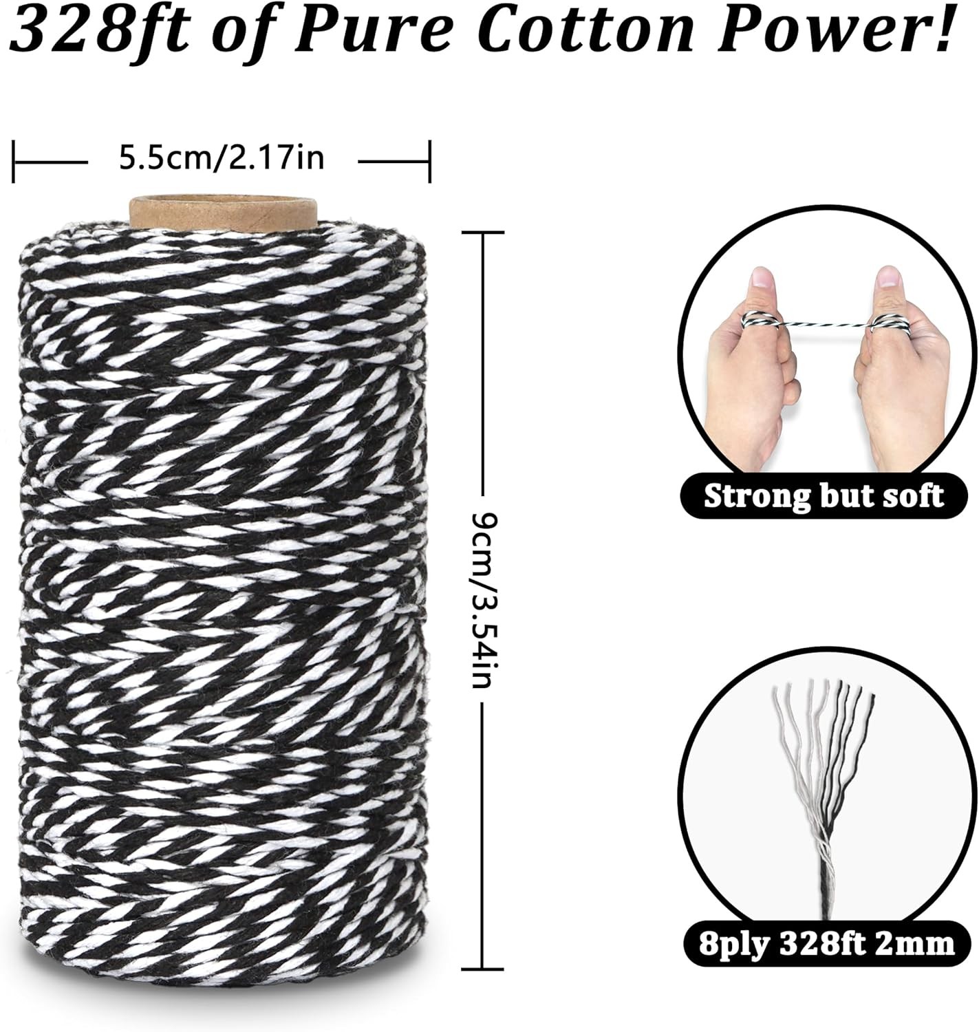 Cotton Twine String, 328 Feet Black & White – Christmas Twine for Gift Wrapping,