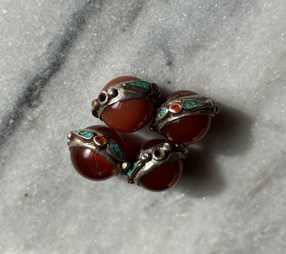 One Carnelian Tibetan Silver Turquoise Coral inlaid Beads 18x17mm CC58
