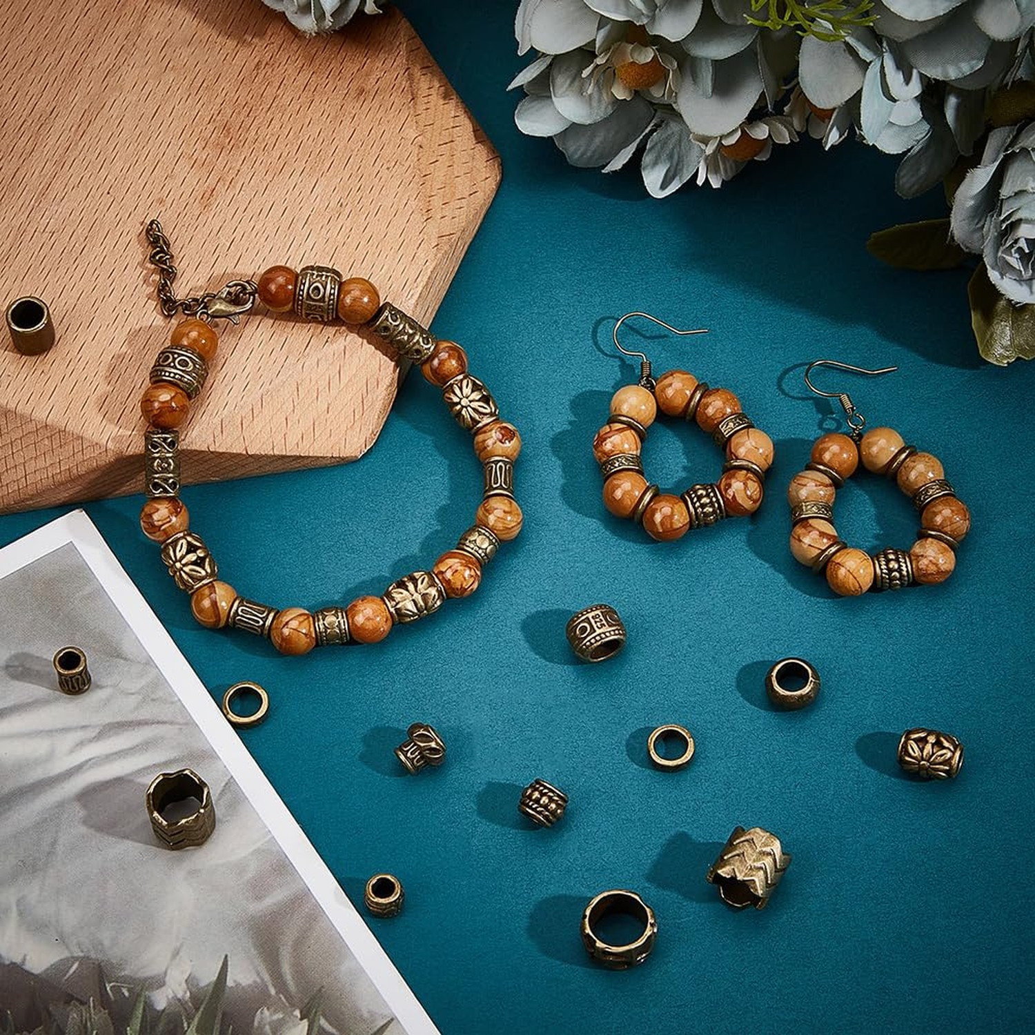 NBEADS 150 Pcs 15 Styles Alloy Spacer Beads, Antique Bronze Hair Beads Alloy …