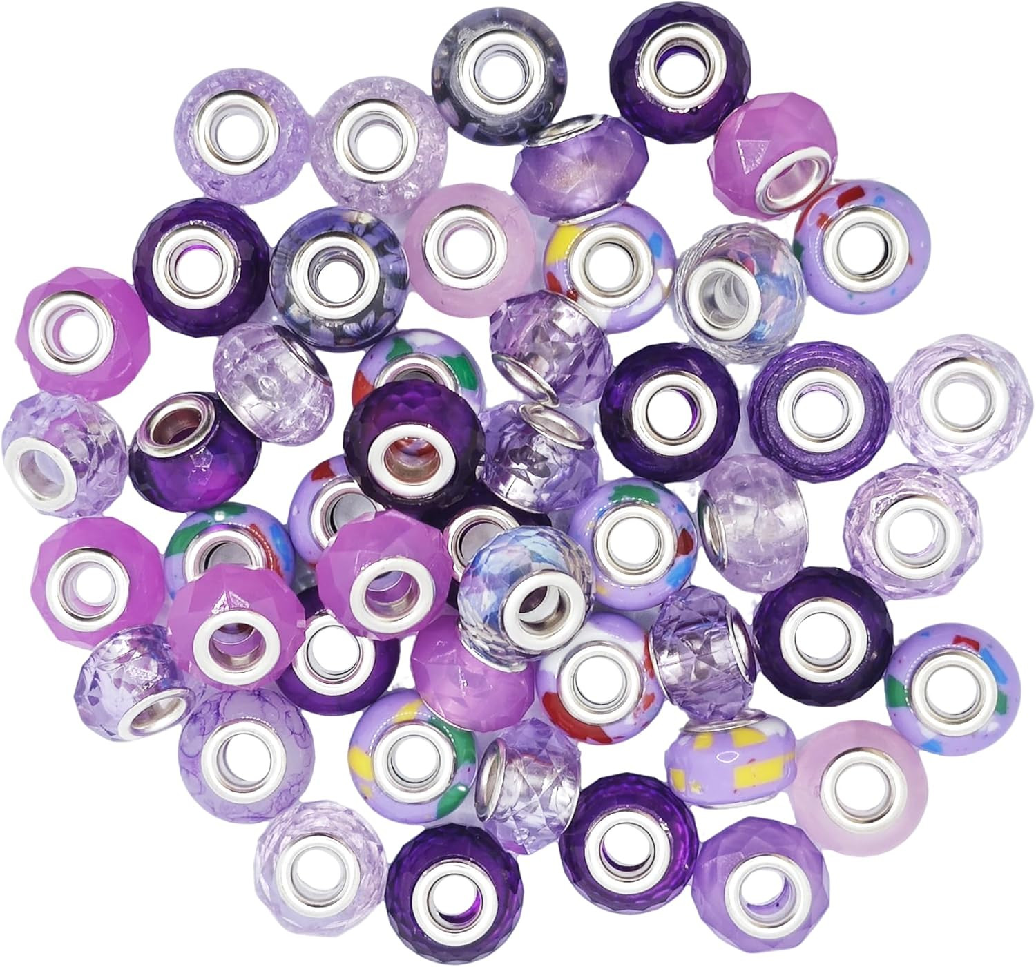 50Pcs 14Mm Large Hole Glass Beads with Silver Brass Cores for DIY Bracelets, Cra