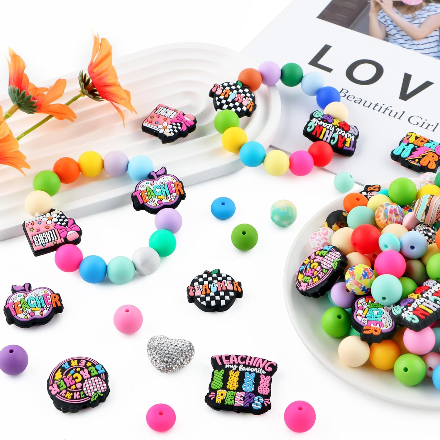 Lovymi 12PCS Teacher Silicone Focal Beads for Pens, Pink Pencil Teacher Silic…