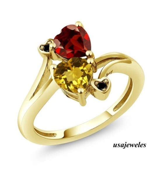 14K Yellow Gold Over 2CT Heart Shape Real Citrine & Ruby Two-Stone Jewelry Ring