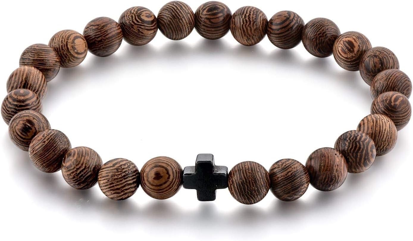 Christian Prayer Beads Bracelet 25 8mm Wooden Beads Cross Adult Men Women