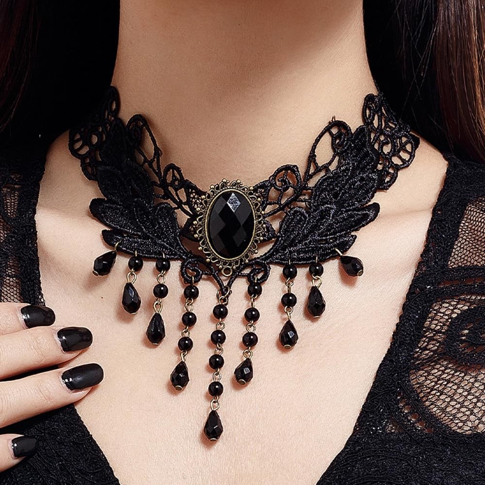 Punk Women Black Halloween Lace Choker Necklace Shinny Tassels Crystal Punk Blac